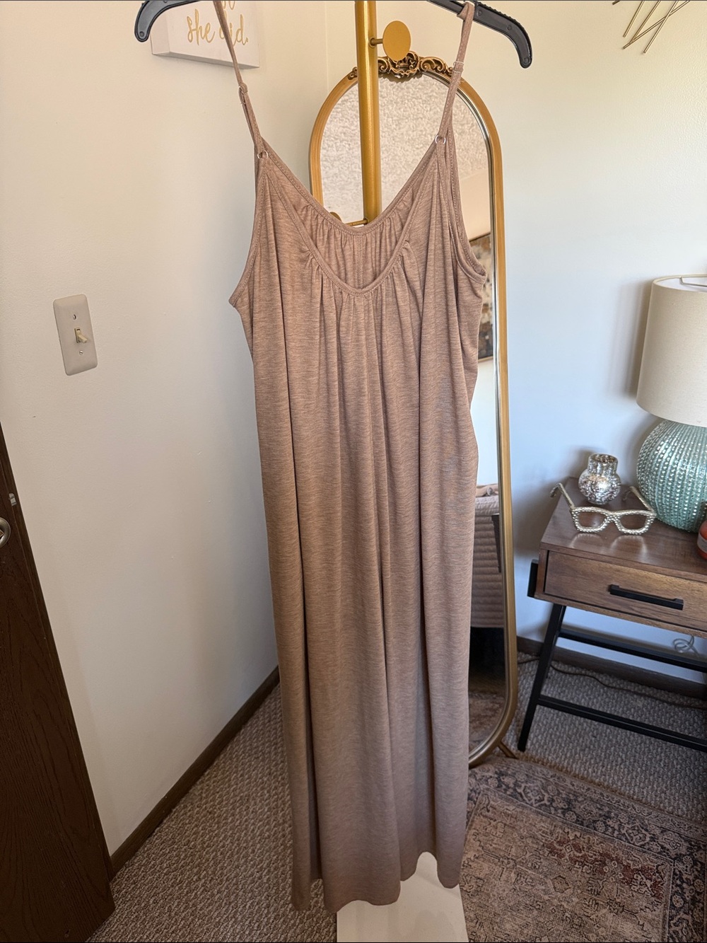 Women's Sleeveless Maxi Jumpsuit Dress in Taupe